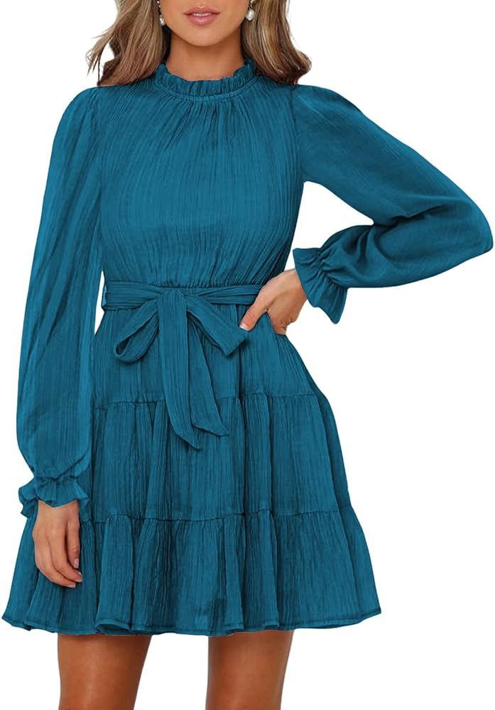 FARYSAYS Women's Dresses for Women 2022 Long Sleeve Ruffle Waist Tie Casual Mini Swing Dress | Amazon (US)