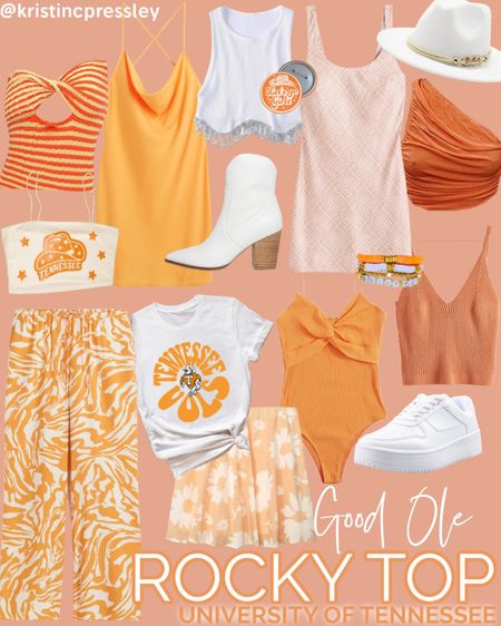 Game day outfit inspo. College football. Tailgating outfit. Football outfit. Tennessee volunteers. University of Tennessee. Fall outfit. Orange dress. White dress. Orange and white pants. Orange skirt. White skirt. Orange floral skirt. White booties. White western booties. White sneakers. Orange top. Tennessee top. White top. Tasseled top. One shoulder shirt. Orange and white. Go coke shirt. Football graphic tee. Game day tee.

#LTKU #LTKSeasonal #LTKstyletip