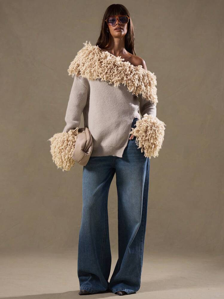 MUSERA Textured Shaggy Knit Asymmetrical Neck Jumper, Spring Y2K 90'S Casual Cute Easter | SHEIN