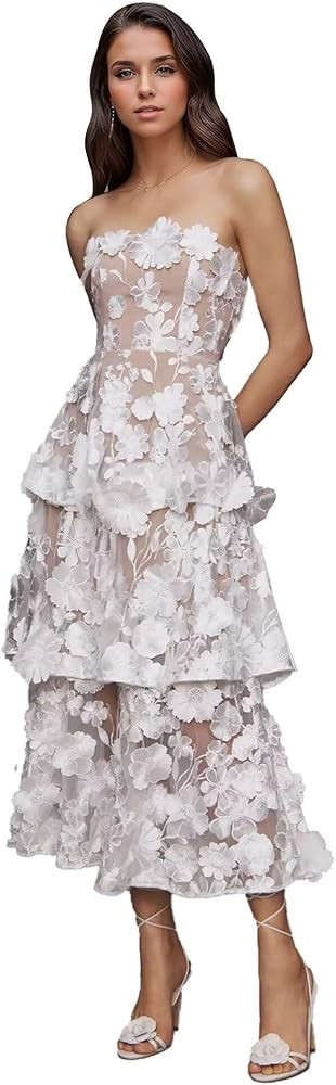 3D Floral Embroidery Prom Dresses 2026 Strapless Ruffle Tiered Midi Formal Party Gowns Wedding Gu... | Amazon (US)