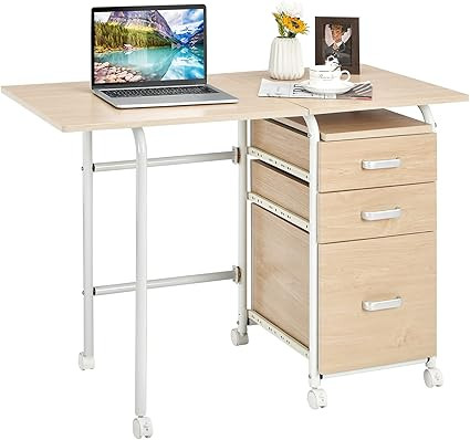 Amazon.com: Tangkula Folding Computer Desk with 3 Storage Drawers, Mobile Home Office Desk Study ... | Amazon (US)