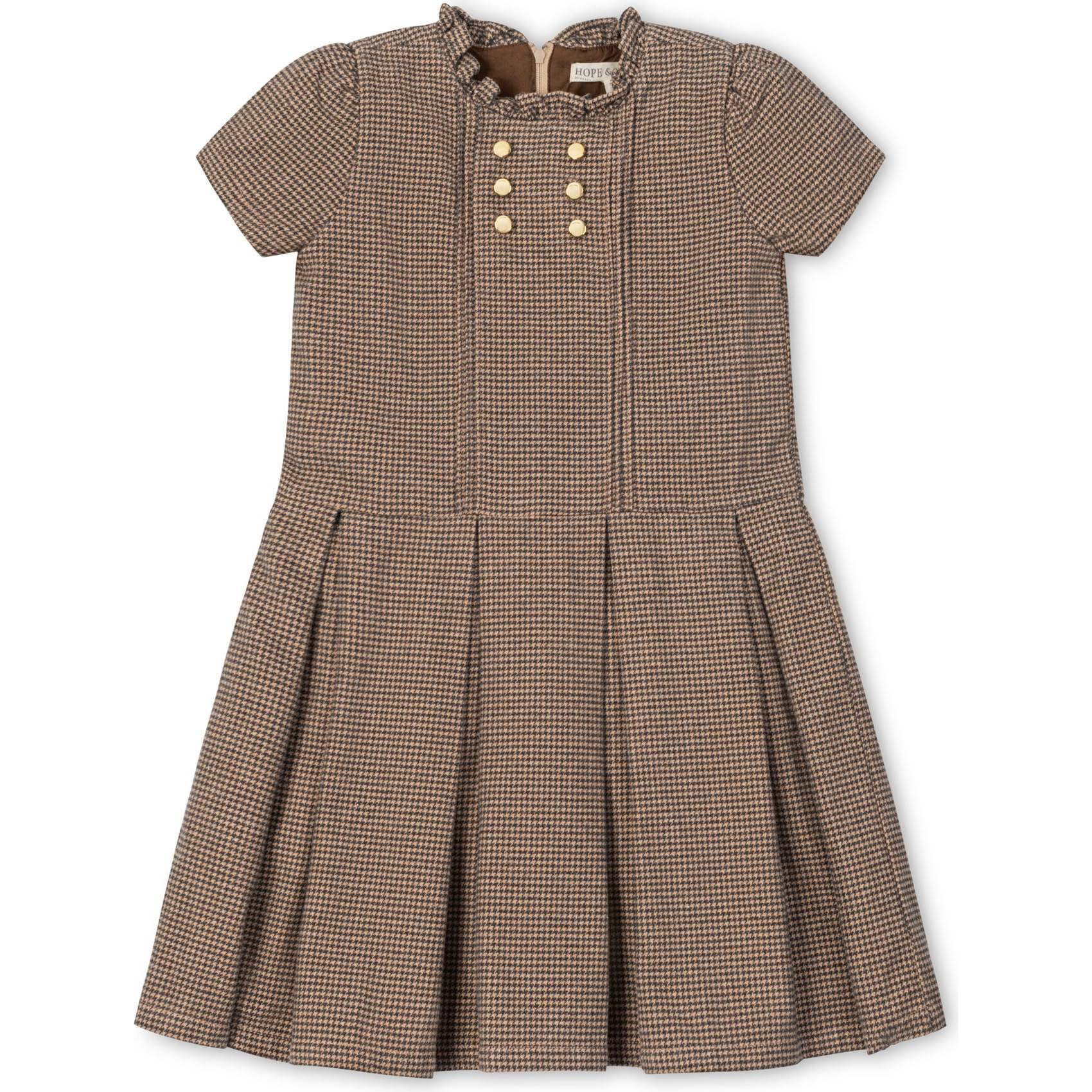Organic Ruffle Collar Pintuck Drop Waist Dress, Camel Houndstooth | Maisonette