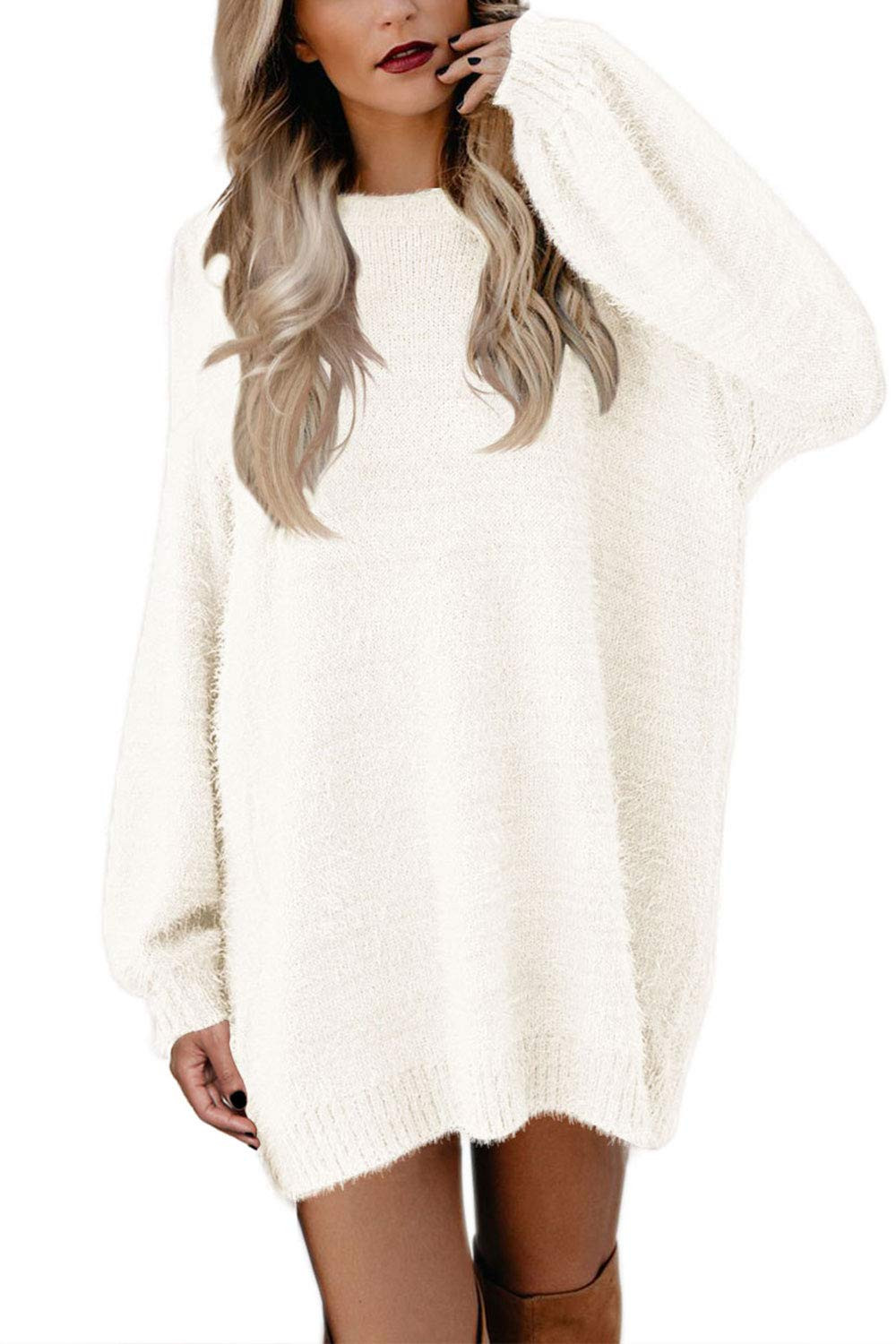 Cutiefox Women's Furry Oversized Crew Neck Pullover Sweater Mini Dress | Amazon (US)