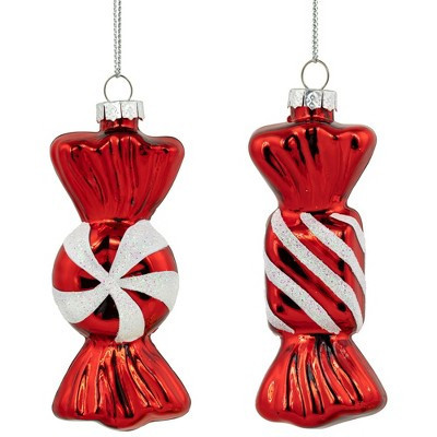 Northlight Set of 2 Shiny Red and White Glittered Candy Christmas Glass Ornaments 4" | Target