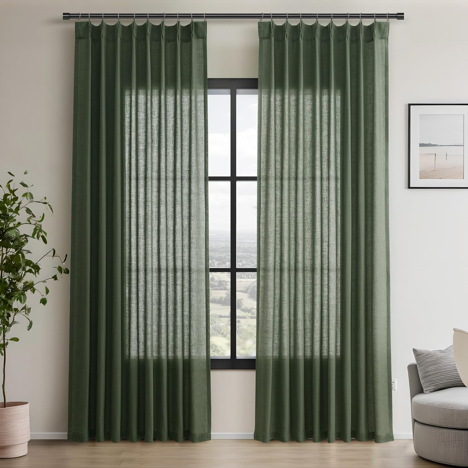Pinch Pleated Olive Green Curtains 84 Inches Long for Living Room Office Linen Textured Window Cu... | Amazon (US)