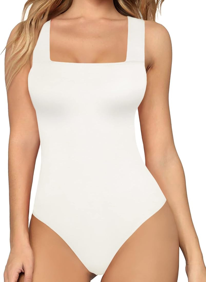 MANGOPOP Women's Square Neck Sleeveless Tank Top Long Sleeve Bodysuits Jumpsuits | Amazon (US)