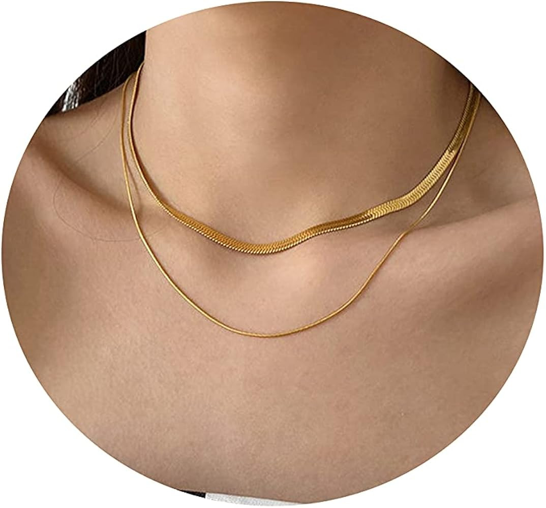 Tasiso 14K Gold Filled Herringbone Choker Necklace Set Double Layer Snake Chain Herringbone Chain... | Amazon (US)