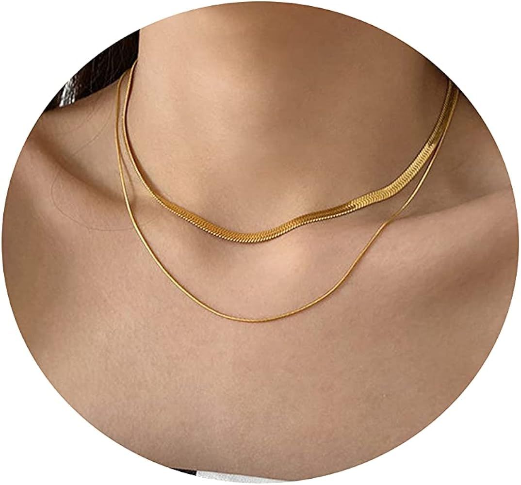 Tasiso 14K Gold Filled Herringbone Choker Necklace Set Double Layer Snake Chain Herringbone Chain... | Amazon (US)