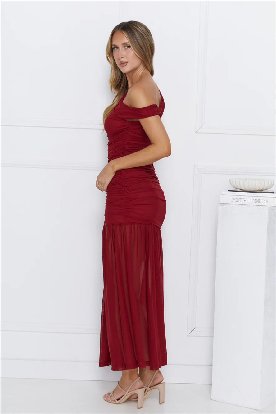 Stylish Diva Mesh Off Shoulder Midi Dress Burgundy | Hello Molly (AU)