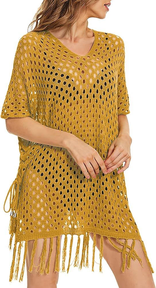 GUTPOINT Womens Beach Coverups Short Sleeve Crochet Hollow Out Tassel Swimsuit Cover Up Outfits Dres | Amazon (US)