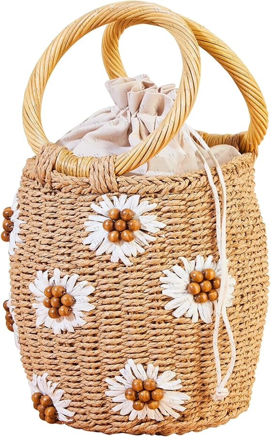 Flower Pearls Rattan Tote Bag Summer Beach Drawstring Straw Bucket Bag Diamonds Woven Handbag | Amazon (US)