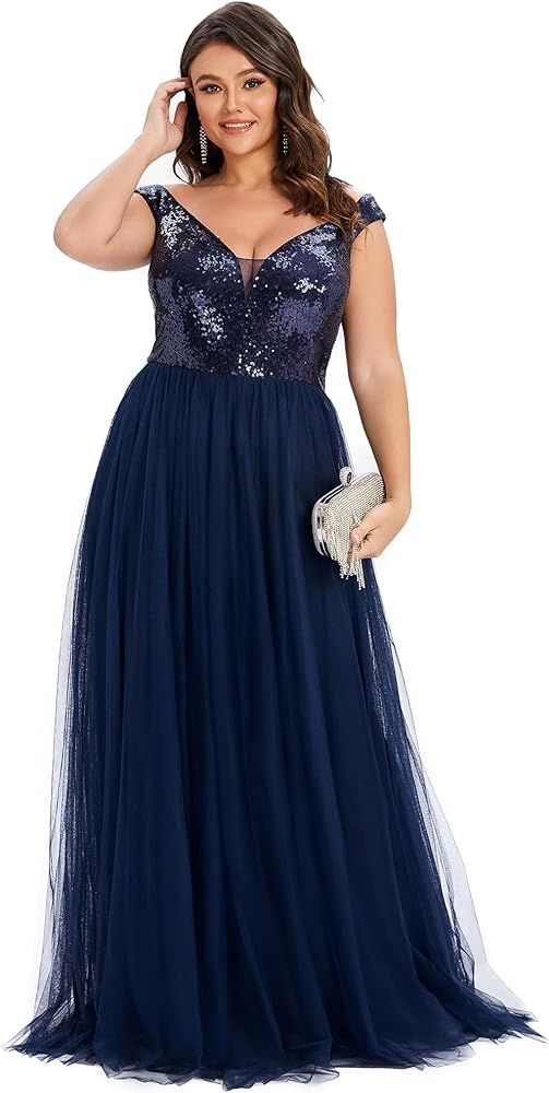 Ever-Pretty Women's Plus Size V Neck Sequin Tulle A Line Formal Evening Dress 0277-PZUSA | Amazon (US)
