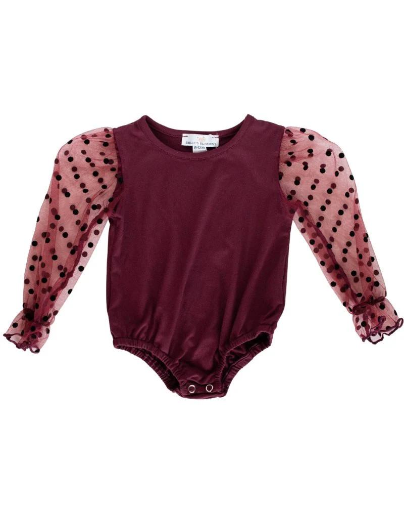Destinee Sheer Dot Sleeve Leotard - Wine | Bailey's Blossoms