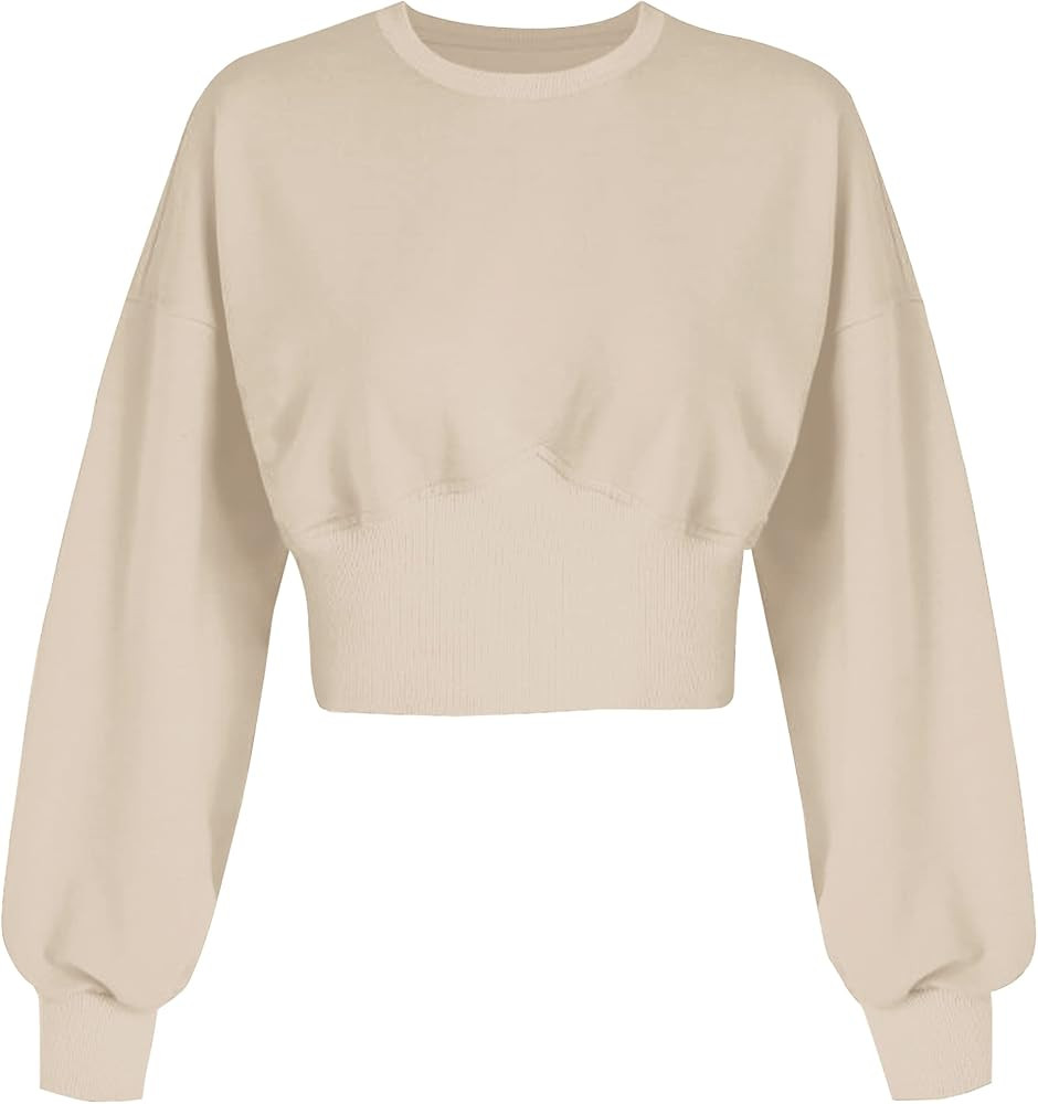 MISSACTIVER Women Casual Crewneck Crop Sweatshirt Solid Long Sleeve Drop Shoulder Pullovers Ribbe... | Amazon (US)