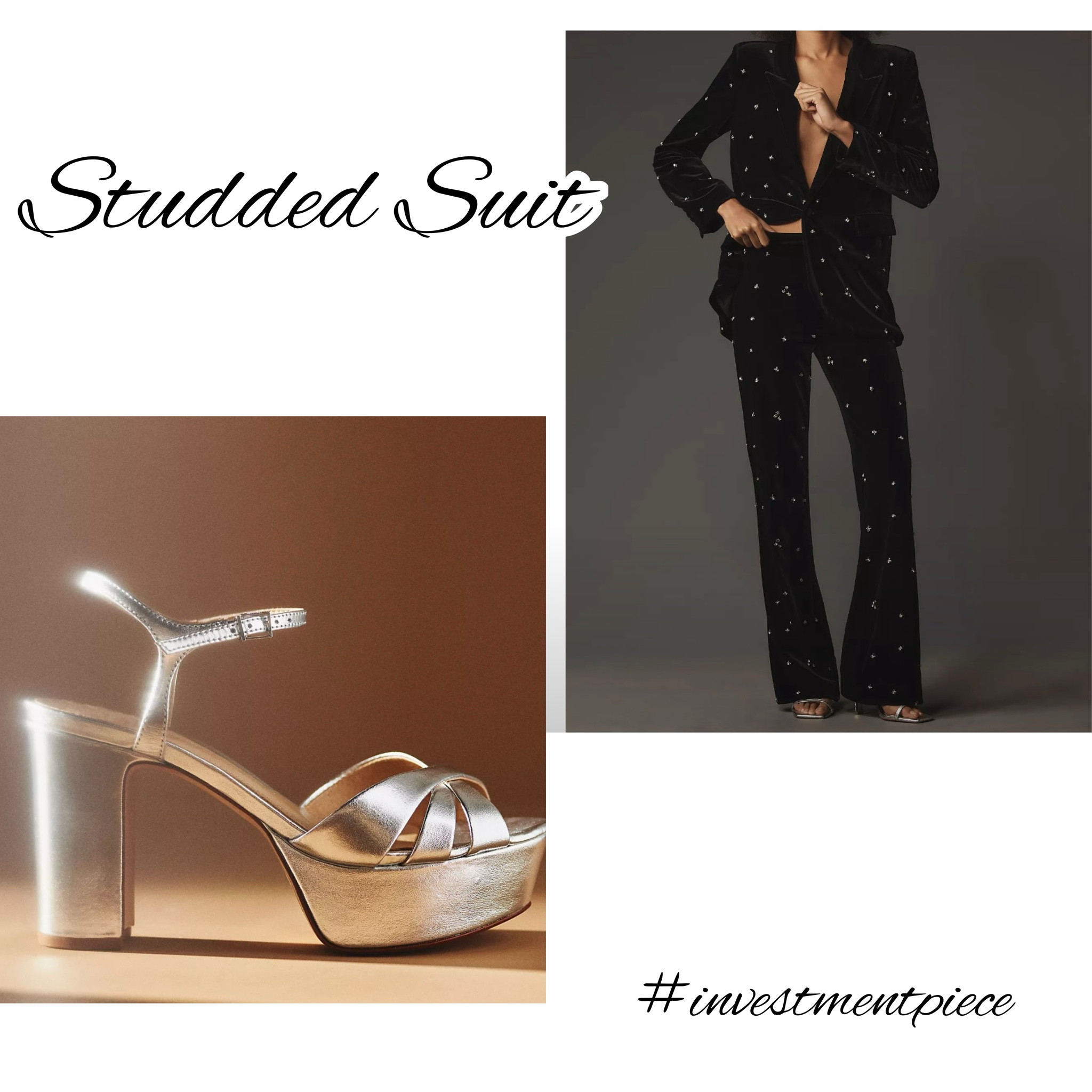 Stun on NYE (and beyond) with this studded suit (for parties wear the jacket as a top- other times pair with a silk tank or blouse). Add platforms for dancing and you’re ready to go all night long! #investmentpiece 

#LTKparties #LTKHoliday #LTKstyletip