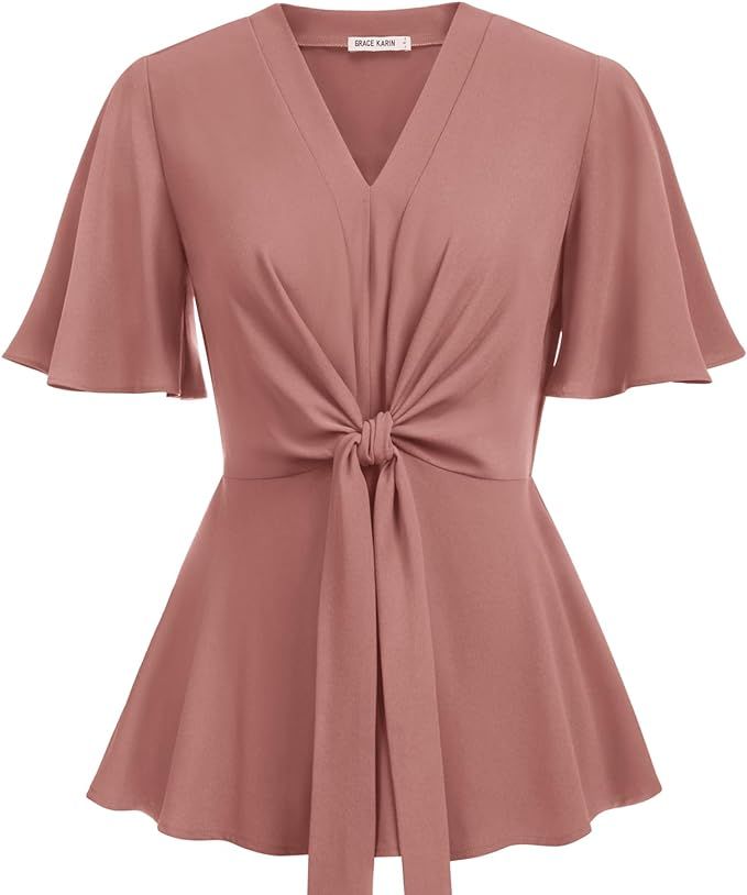 GRACE KARIN 2024 Women's Elegant V Neck Peplum Tops Tie Front Short Bell Sleeve Shirts Tops Blous... | Amazon (US)