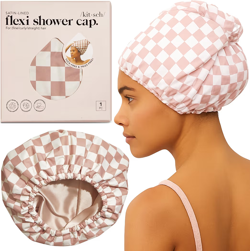 Kitsch Luxury Shower Caps for Women Reusable Waterproof - Flexi Satin Lined, Large Wide Shower Cap for Women & Men, Adjustable, Stylish Hair Cap for Shower, For Long & Short Hair - Terracotta Checker | Amazon (US)