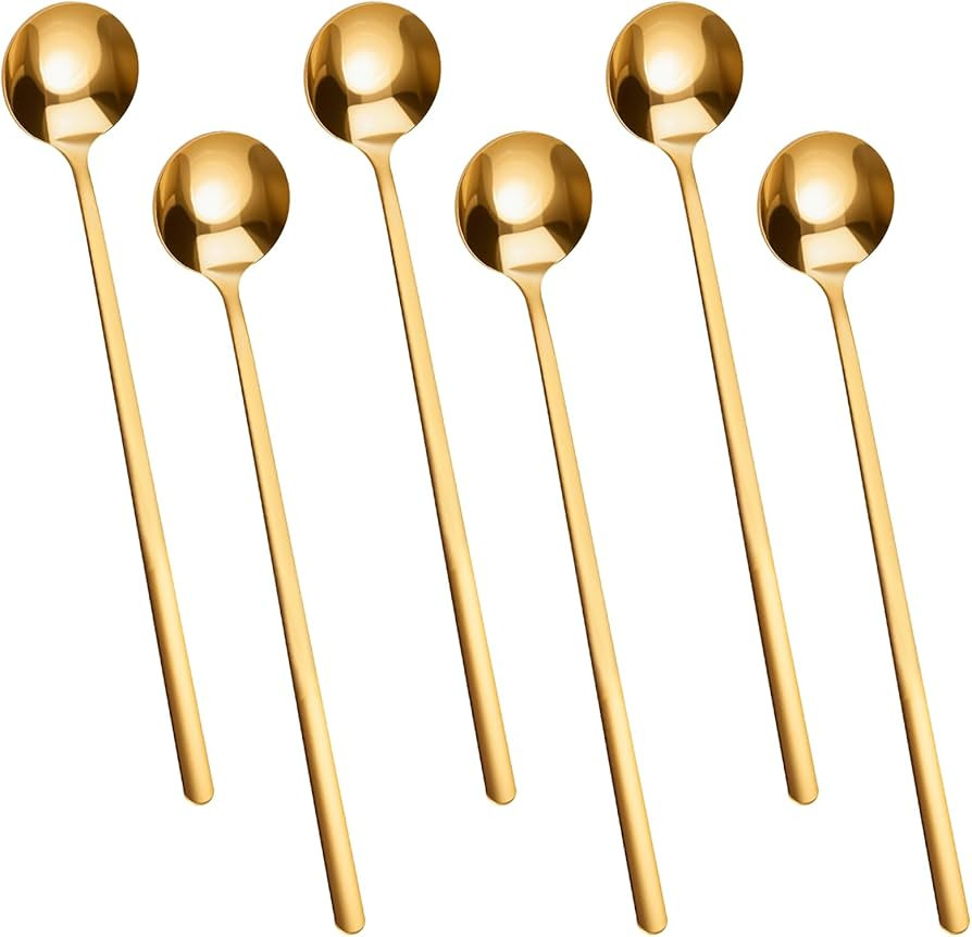 6 PCS Gold Coffee/Tea Spoon Set, 6.7 Inches Long Handle 304 Stainless Steel Espresso Spoon, Ice T... | Amazon (US)
