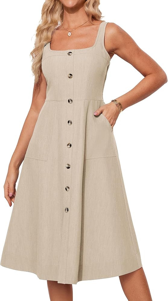 GRACE KARIN Women's Summer Dress 2025 Casual Square Neck Flattering A-Line Button Down Midi Tank ... | Amazon (US)