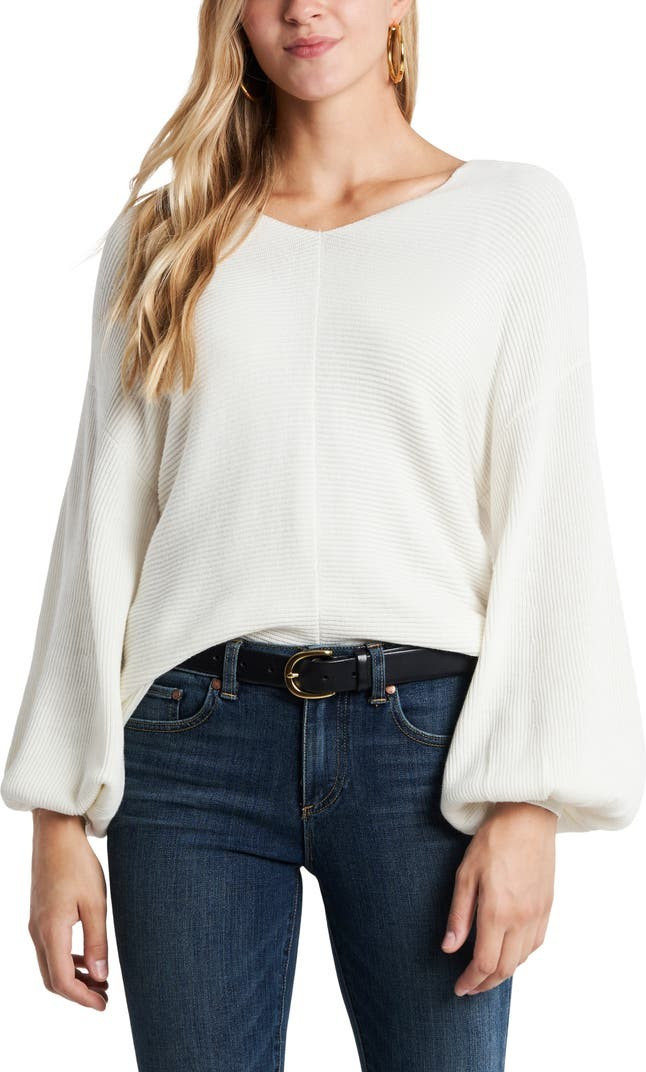 Ribbed Balloon Sleeve Cotton Blend Sweater | Nordstrom