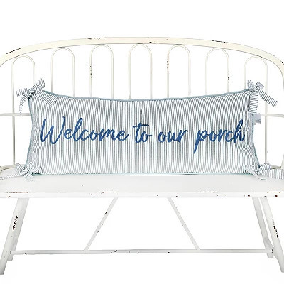 Welcome to Our Porch Striped Lumbar Pillow, Blue/White, 36L x 14H , Polyester | Kirkland's Home | Kirklands