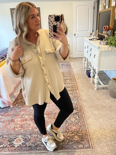 Casual cold weather outfit. Buttery soft leggings. Waffle weave button down. iPhone case and wallet. Platform sneakers. 

#LTKmidsize #LTKover40 #LTKshoecrush