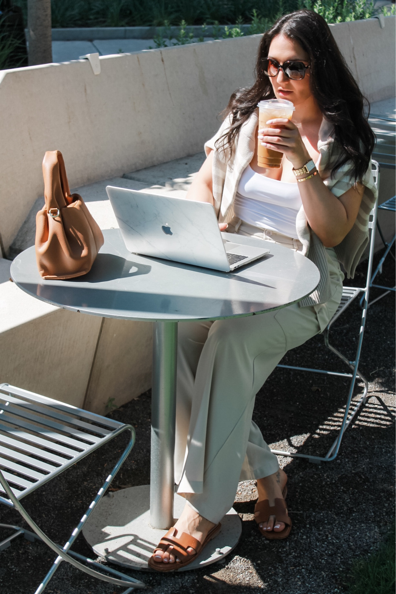 Summer outfit. Casual outfit. Spring outfit. Trousers outfit. Neutral outfit. Outfit. Coffee date outfit. Elevated outfit. 
Bag deets - Polène Numéro Neuf Mini in camel 

#LTKFindsUnder50