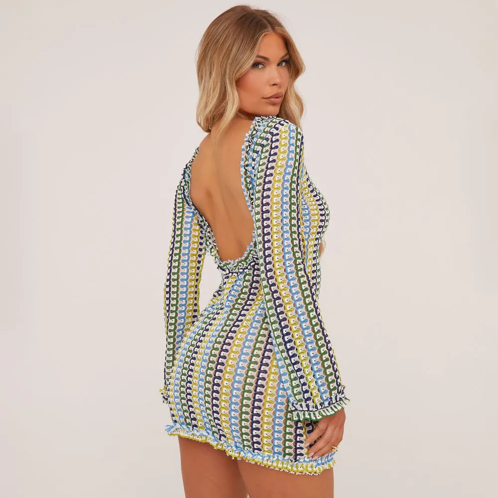 Long Sleeve Frill Edge Open Back Mini Bodycon Beach Dress In Blue Stripe Texture | EGO (UK)