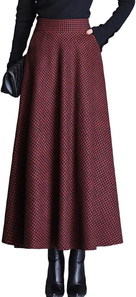 IDEALSANXUN Long Wool Plaid Skirts for Women 2023 Fall Winter A Line Flared Maxi Skirts | Amazon (US)