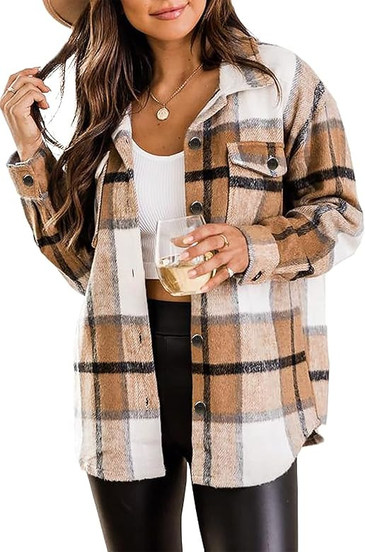 Oyamiki Women's Long Sleeve Flannel Plaid Wool Blend Coats Button Down Shirt Jacket Shackets | Amazon (CA)