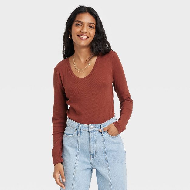 Women's Long Sleeve Ribbed Scoop Neck T-Shirt - A New Day™ | Target