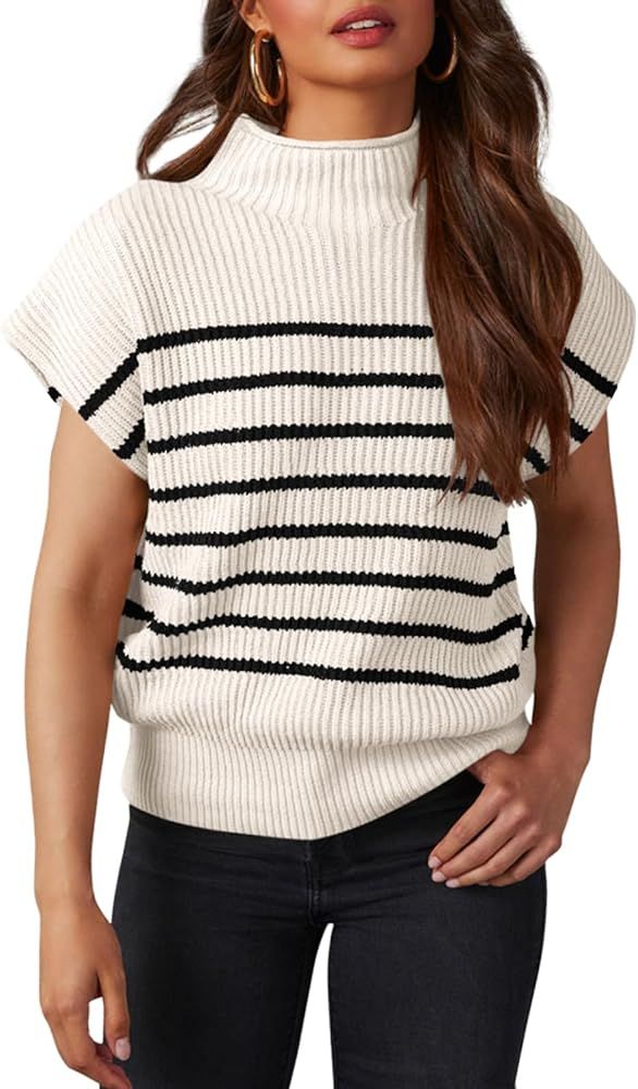Saodimallsu Womens Striped Mock Neck Sweater Vest Casual Sleeveless Cap Sleeve Ribbed Knit Pullov... | Amazon (US)