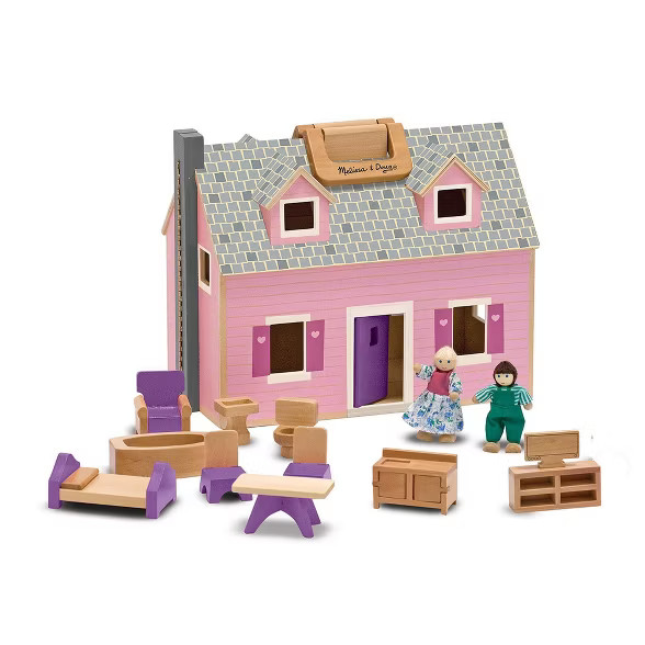 Melissa & Doug Fold and Go Wooden Dollhouse With 2 Dolls and Wooden Furniture | Target