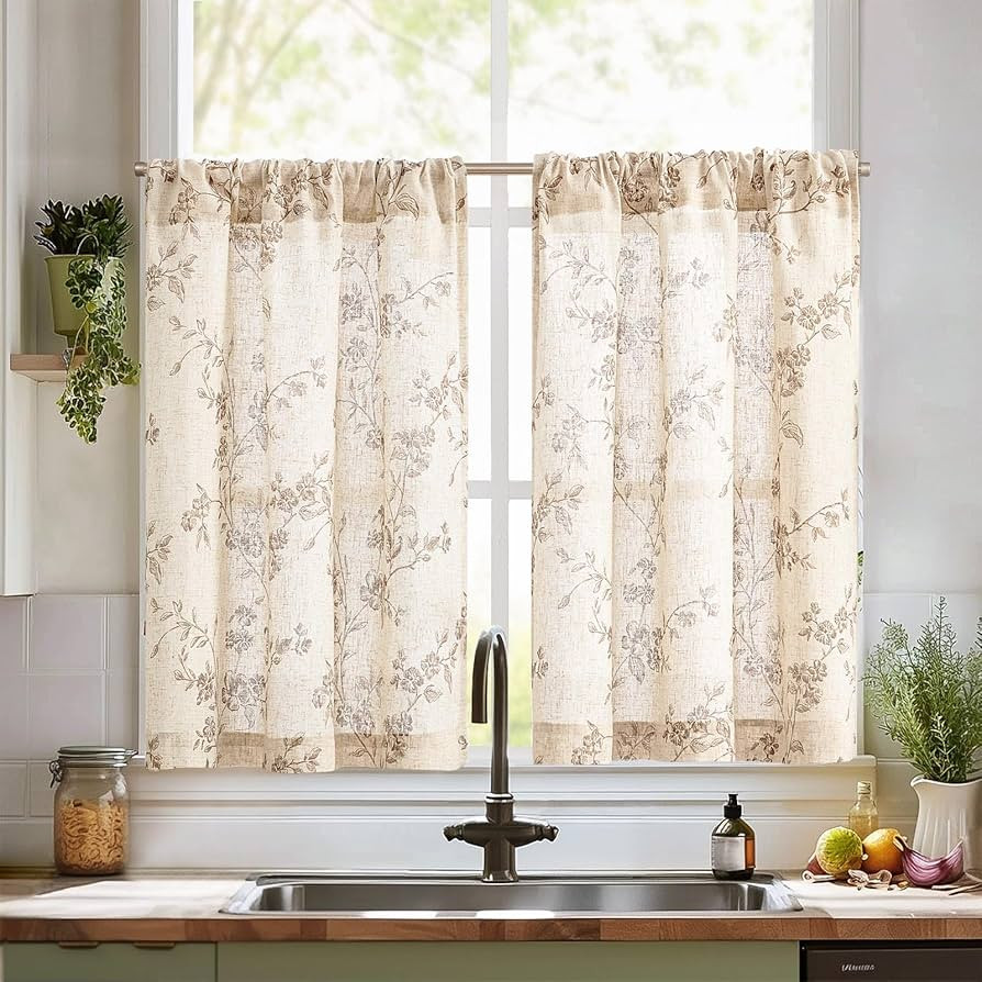 jinchan Floral Kitchen Curtains 36 Inch Linen Tier Curtains Farmhouse Cafe Half Window Drapes Ove... | Amazon (US)