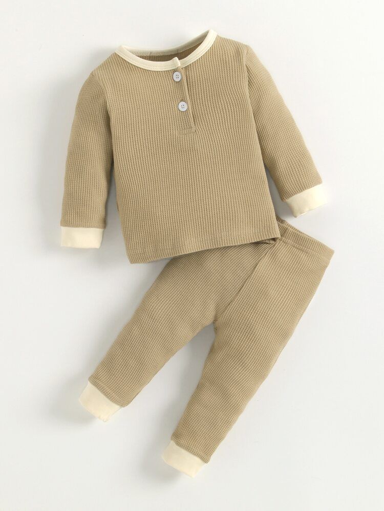 Baby Contrast Trim Half Button Pullover & Sweatpants | SHEIN
