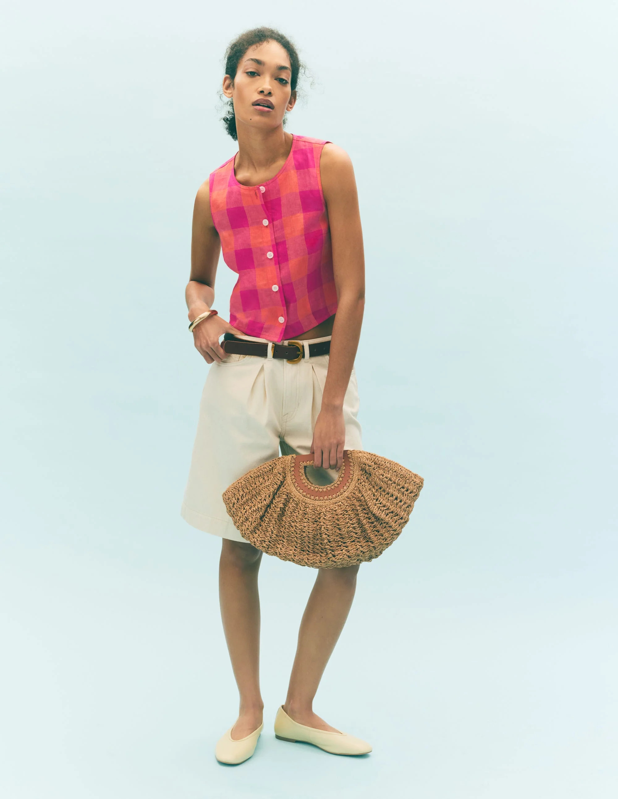 Andrea Linen Shell Top-Zesty Orange, Pink Gingham | Boden (US)