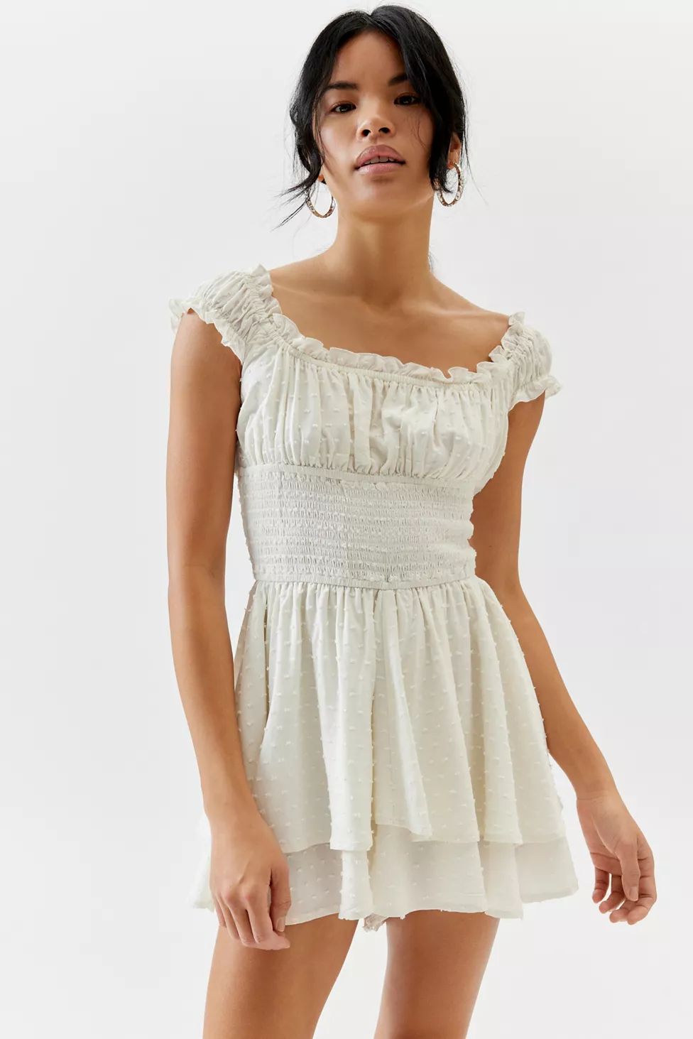 UO Rosie Smocked Tiered Ruffle Romper | Urban Outfitters (US and RoW)