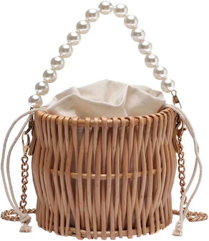 Amosfun Pearl Hand Woven Handbag Straw Woven Rattan Crossbody Bag Vintga Bamboo Handbag- Beach Ho... | Amazon (US)