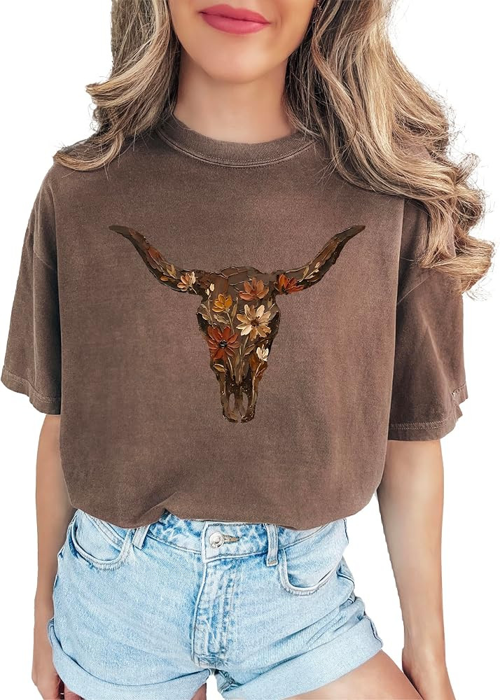 Western Longhorn Skull Graphic T-Shirt for Women - Casual Everyday Western Style Shirt | Amazon (US)