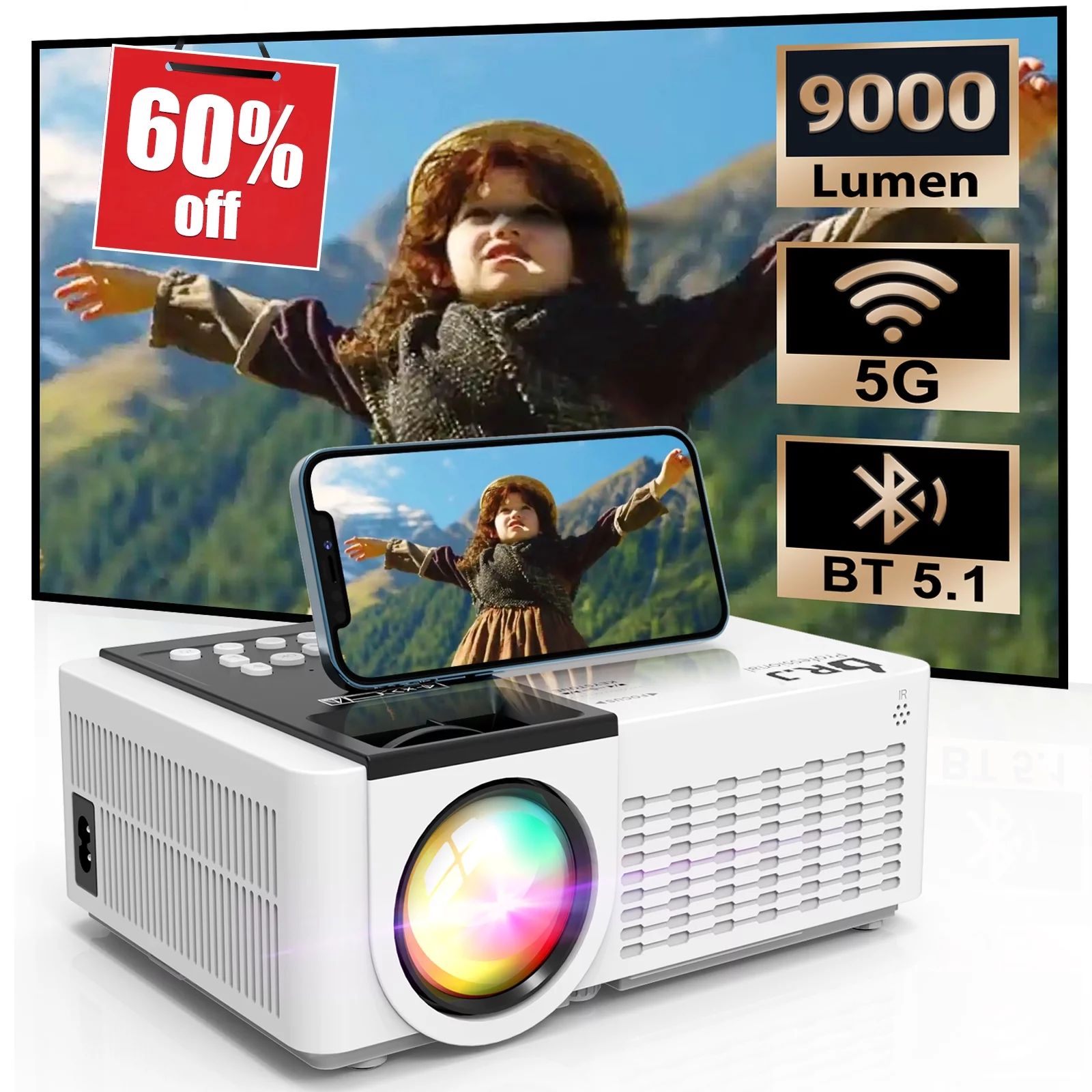 5G WiFi Projector with Bluetooth 5.1, 9000 Lumens HD Movie Projector, 1080P 250'' Display Support... | Walmart (US)