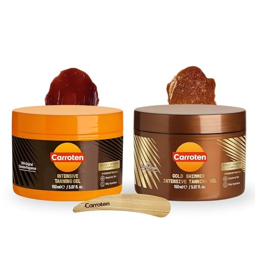 Carroten Intensive + Gold Shimmer Tanning Gel | Browning Tan Accelerators | Non-Greasy, Water-Resistant | Carrot & Coconut Oil | Vitamin A & E For Hydration | 5 oz (Set of 2) + Spatula | Amazon (US)