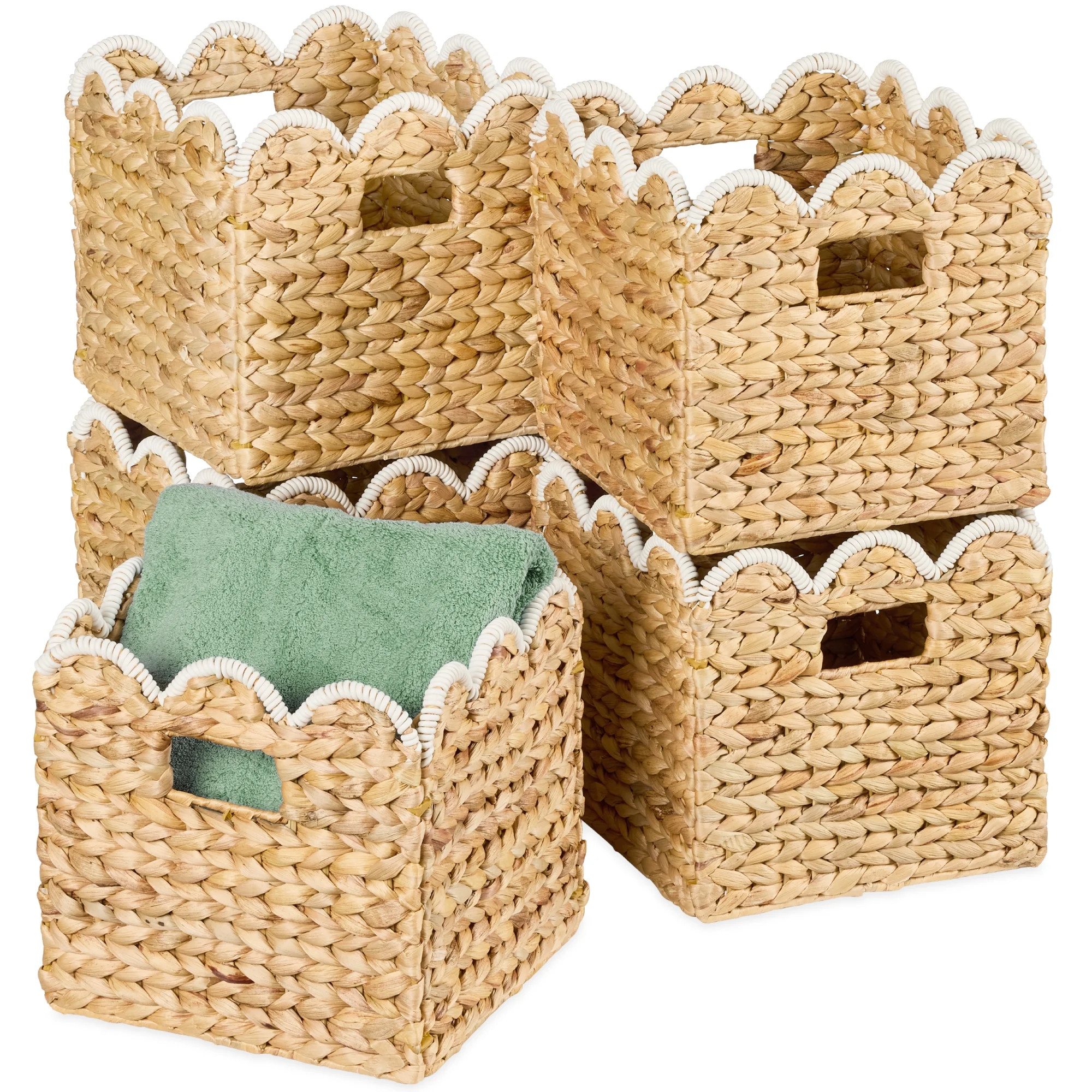 Best Choice Products Scalloped 13 x 13in Hyacinth Storage Basket Set of 5 - Natural with White Tr... | Walmart (US)