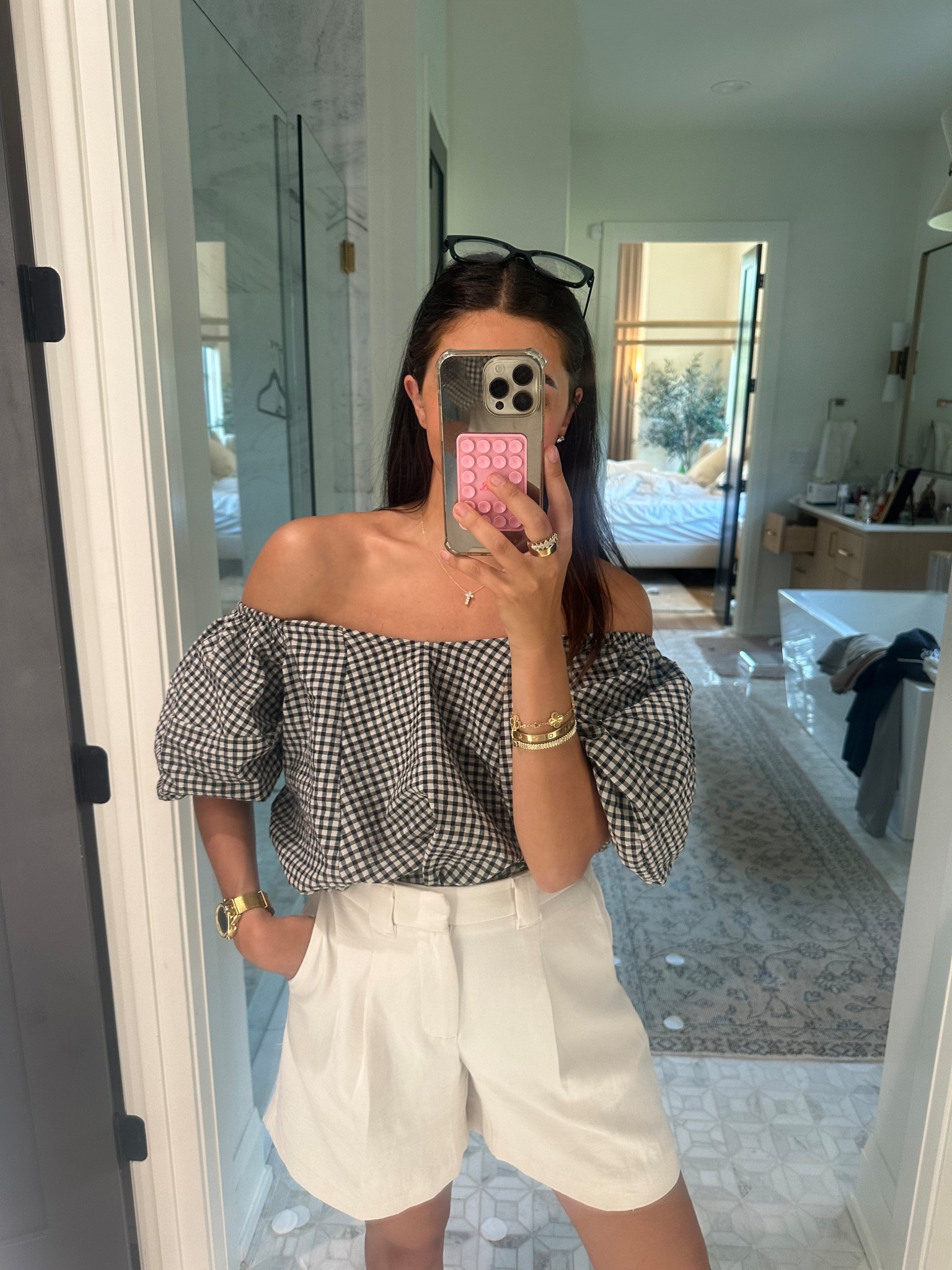 Top: small
Bottoms: 6

Prepare to see these Target shorts a lot! They are so good. Also this anthro top is comfy and flattering with the off the shoulder