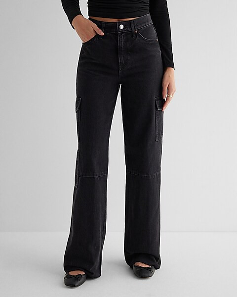 High Waisted Washed Black Raw Hem Wide Leg Cargo Jeans | Express