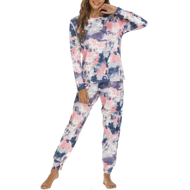 Pajamas for Women Tie Dye Long Sleeve Shirt Loungewear 2 Piece Sleepwear Crew Neck Tops & Long Pa... | Walmart (US)
