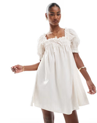 Miss Selfridge yarn dyed smock dress in beige stripes | ASOS (Global)