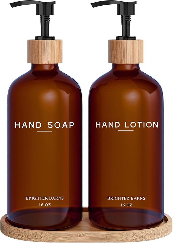 Amber Glass Soap and Lotion Dispenser Set with Tray by Brighter Barns - Hand Soap Dispenser Bathr... | Amazon (US)