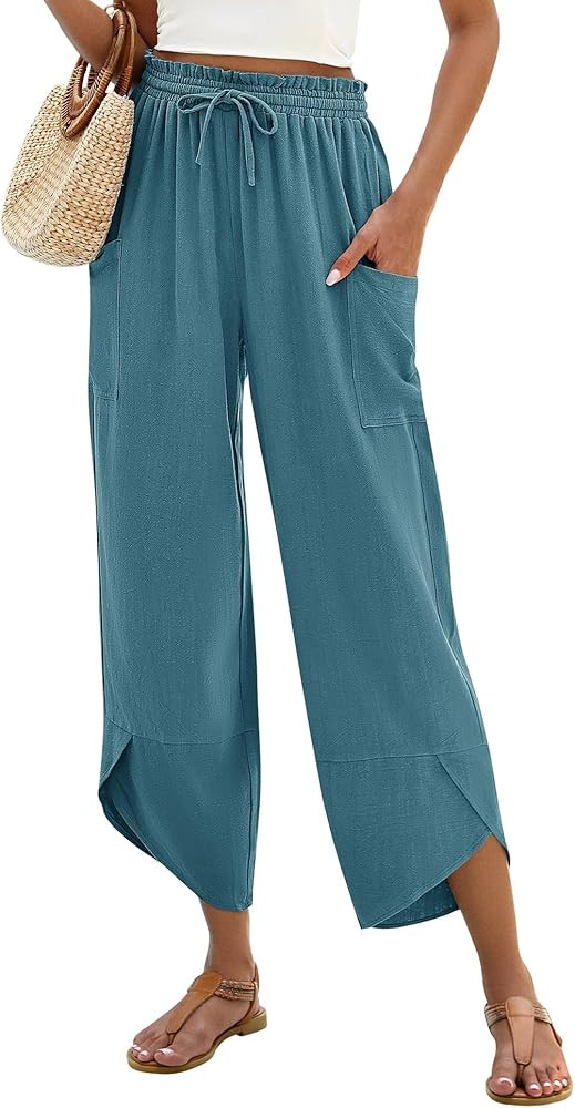 LOMON Women Linen Palazzo Pants Boho Wide Leg Elastic Waisted Casual Capri Pant Summer Harem Loun... | Amazon (US)