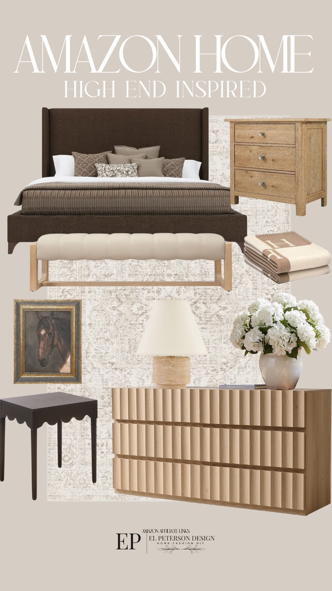 Amazon
Bed
Bench
Blanket
Stems
Table lamp
Accent Table
Artwork
Nightstand 
Rug

#LTKHome