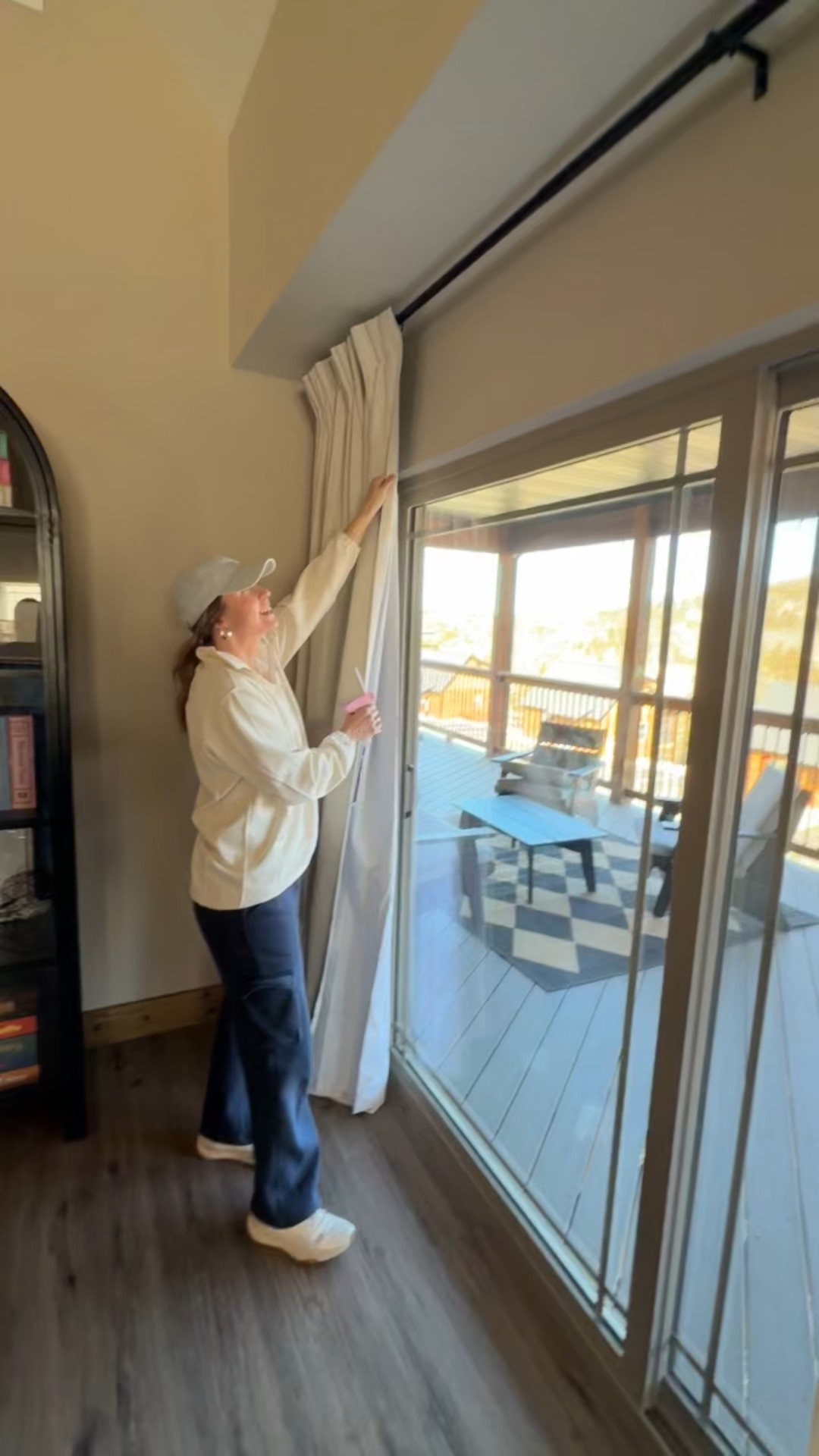 We love using these linen black out - pinch pleat curtains! High quality, affordable, and come in many colors! 
We also used a little stitch gun to connect the double drapes together! 